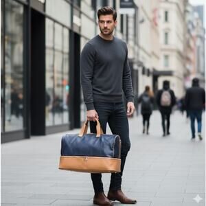 NEW 100% Genuine Leather Blue, Tan 20” Duffle Bag, Shoe area, Shoulder Strap